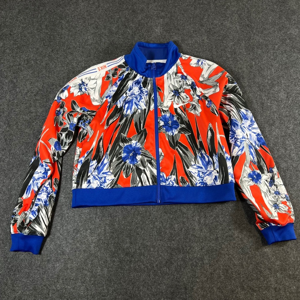 Nike Womens Floral Track Jacket Red Blue White Logo Tape Zip Up Cropped Medium